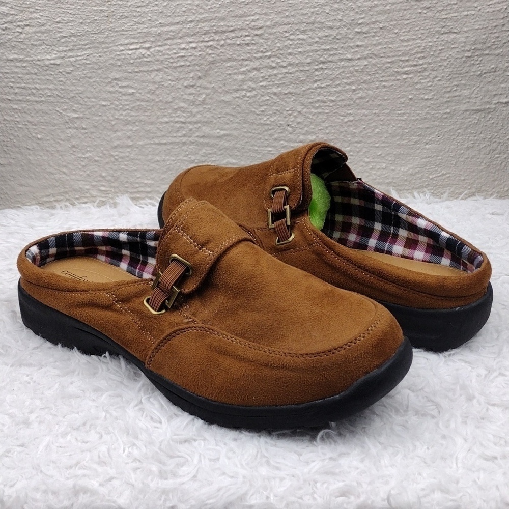 Comfortview The Joy Cognac Faux Suede Round Toe Low Heel Slip On Mule Shoe